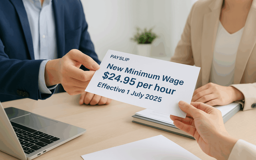Employee handing payslip with new Australian minimum wage 2025 highlighted